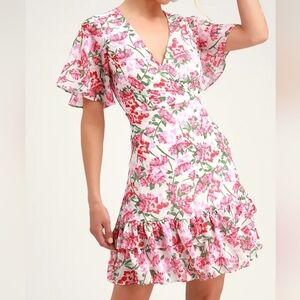 Lulus Floral Short Sleeve Ruffle Dress